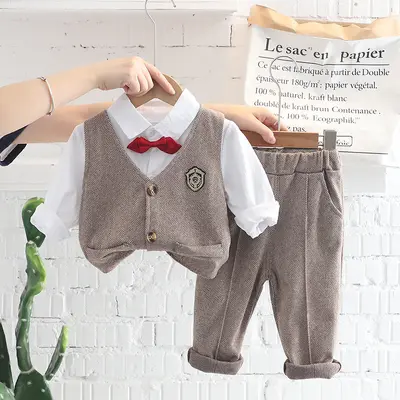 Boys' Spring Autumn Plaid Vest and Shirt Three-Piece Set