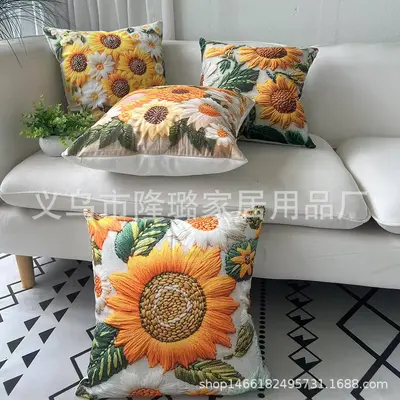 Grenzüberschreitender Frühlings- und Sommersonnenblumen-Kissenbezug mit Steppung, Sofa-Sonnenblumen-Dekokissen, neues Wohnzimmer-Plüsch-Kissen, Sonne - 6