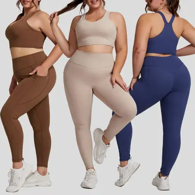 Nude-Feel Plus Size Yoga Set for Women, Two-Piece with Pockets - 2