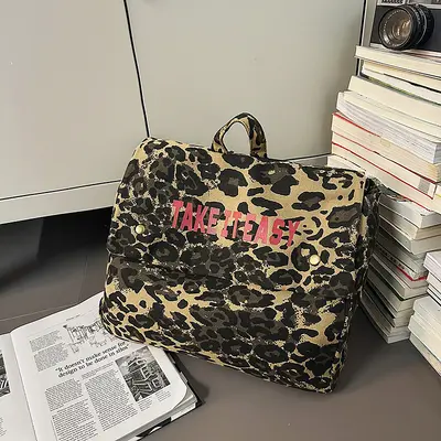 Leopard Print Canvas Backpack, Large Capacity for Travel and School - 7