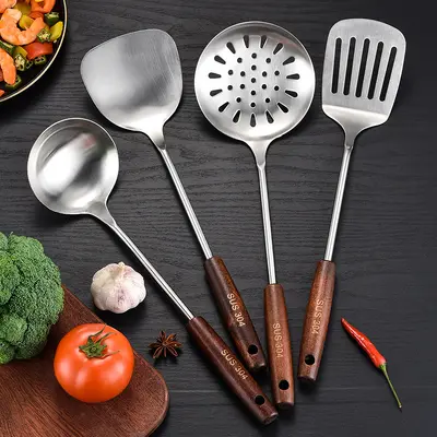 Ahşap saplı 304 paslanmaz çelik spatula, yüksek sıcaklığa dayanıklı süzgeç, spatula, mutfak gereç seti, çorba kaşığı, mutfak eşyaları