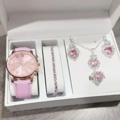 Lüks kadın kuvartz saat beş parçalı set, taşlı kolye ve küpe - 5