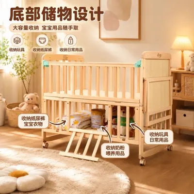 Solid Pine Wood Unpainted Baby Cradle, Multifunctional, Extendable Bed - 3