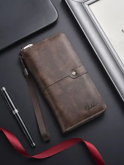 Men's Long Wallet and Retro PU Leather Clutch, Large Capacity - 7