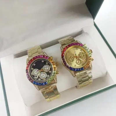 Rainbow men's quartz watch, steel band, diamond bezel