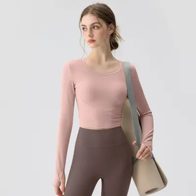 秋冬新款运动瑜伽上衣女紧身长袖健身跑步训练服运动套装女批发
