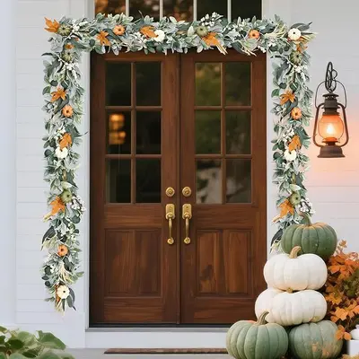 Autumn Thanksgiving Wreath with Pumpkin, Eucalyptus and Acorn Leaves, Rattan Decoration