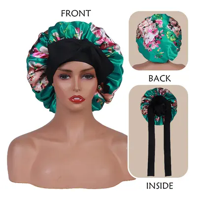Printed Elastic Satin Bonnet with Bow, Double-Layer Reversible - 10
