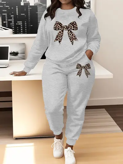 Women's Leopard Print Bow Long Sleeve Round Neck Sweatshirt Set - 7