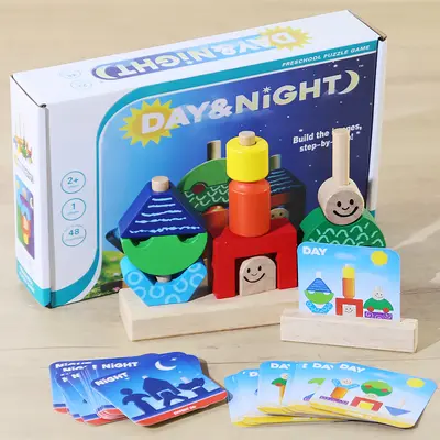 Day and Night Building Blocks Table Game Educational Toys Children's Observation Training Thinking Sensory Solid Wood Montessori Early Education Teaching Aids - 7