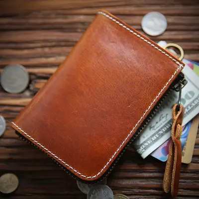 Handmade Retro Men's Wallet, Genuine Full-Grain Cowhide Leather, Short Zipper, Vertical - 7