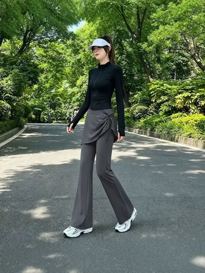 户外跑步健身套装女收腰拉链长袖上衣抽绳遮胯裙裤两件套瑜伽服秋