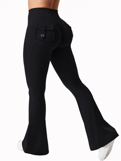 Йога-брюки в стиле workwear цвета персик с карманом на бедре, расклешённые, спортивные быстросохнущие с контролем живота, маленькие сексуальные длинные брюки - 4
