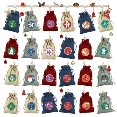 24-Pocket Reusable Christmas Advent Calendar Fabric Bags