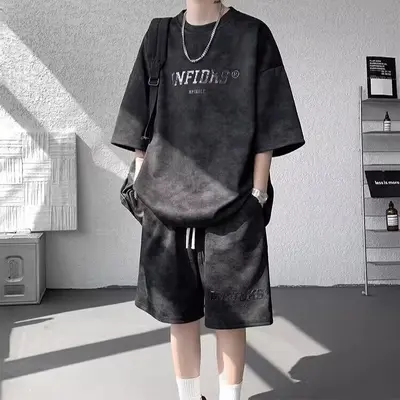 Retro Batik Kısa Kollu Erkek Takım Elbise, Bol Kesim Yazlık Amerikan Sokak Modası