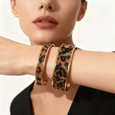 Vintage leopar desen açık bilezik, çekmen kumaş - 3