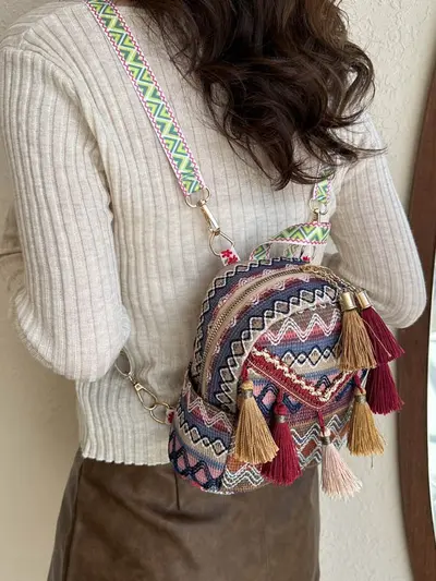 Women's Lightweight Backpack, Ethnic Tassel Design, Small Travel Size - 3