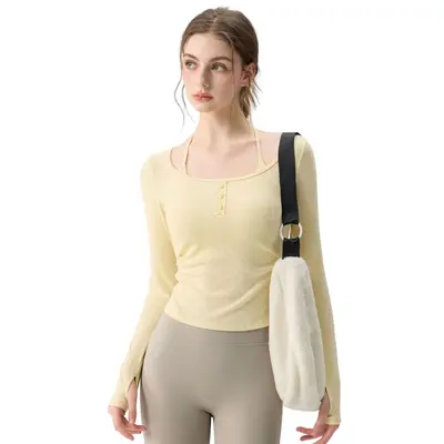Women's Yoga Set with Chest Pads, Long Sleeve Fake Two-Piece Strappy Activewear - 5