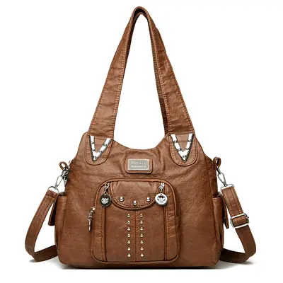 Washed Leather Women's Crossbody Shoulder Bag, Contrast Color, Large Capacity