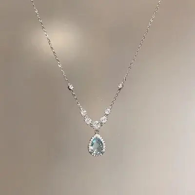 Sea blue zircon necklace women's water drop design - 1