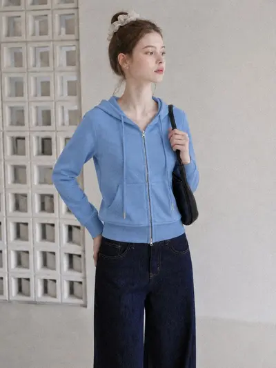 Korean-Style Blue Hooded Zip Short Sweatshirt Jacket for Women