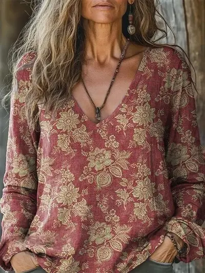 Kadın V Yaka Uzun Kollu Dijital Baskılı Günlük T-Shirt - 11