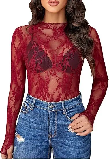 Damen-Spitzenbluse, langarm, Stehkragen, transparent mit Blumenmuster - 10