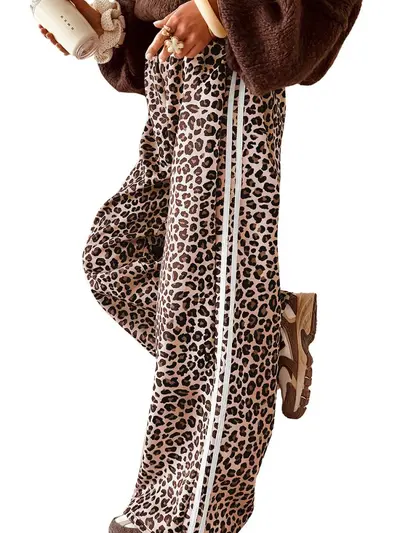 High-Waist Women's Casual Pants, Leopard Print, Striped Trim, Straight Leg
