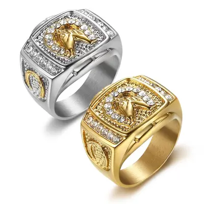 Hip-Hop Men's Ring, Titanium Steel, Gold-Plated, Diamond Horse Head
