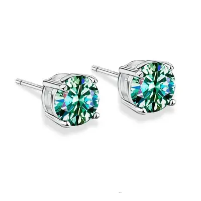S925 Silber Moissanit Ohrstecker, vier Krallen, blau-grüner Stein