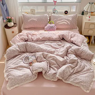 Class A wrinkled gauze double-layer cotton lace four-piece set, single/double bedding, bed sheet, fitted sheet, single piece dropshipping. - 12