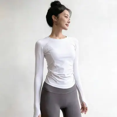 瑜伽服运动上衣女春季款圆领高弹显瘦专业运动长袖跑步速干健身服 - 12