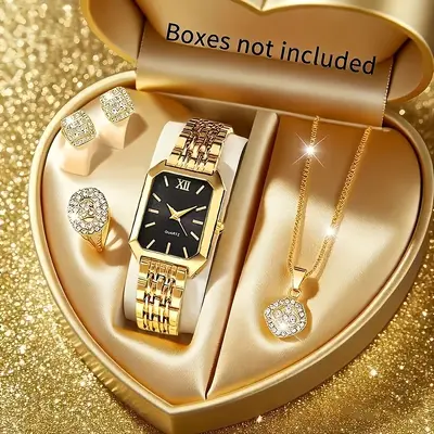 5-Piece Square Dial Women's Quartz Watch Set with Necklace - 2