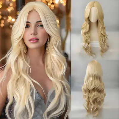 Light Blonde Long Wavy Synthetic Wig with Center Part Bangs