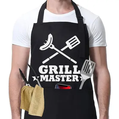 Black Men's Barbecue Chef Apron with Pockets, Adjustable, Waterproof - 13