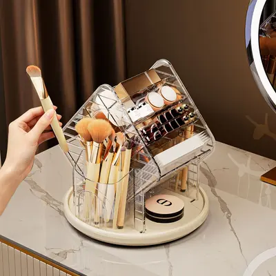Cosmetics storage organizer box with rotating compartments