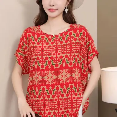 Große Größe Damen-T-Shirt mit Print, kurzarm, locker geschnitten, Viskose-Seidenmischung - 13