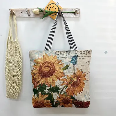 Gold Silk Fabric Women's Canvas Tote Bag with Creative Pattern - 9