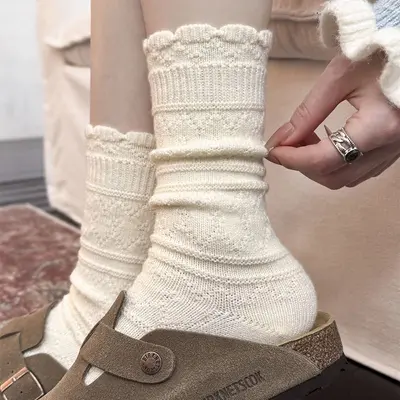 Women's Spring Autumn Calf Socks, Lace Hollow Retro Style