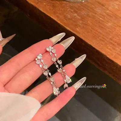 925银针高级感爪锆流苏耳环女轻奢小众气质长款耳钉圆脸显瘦耳饰 - 13