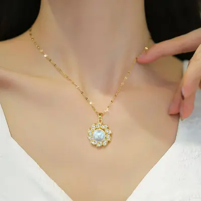跨境饰品套装珍珠花朵项链时尚潮流不掉色锁骨链耳环戒指三件套女 - 3