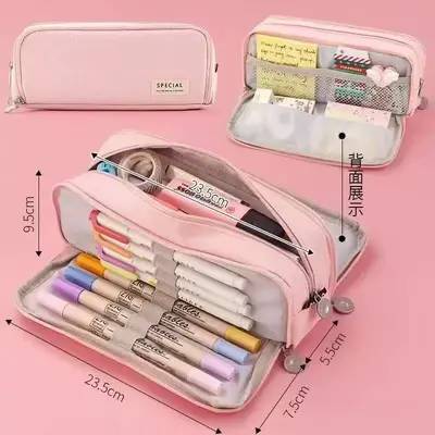 Large-Capacity Oxford Cloth Pencil Case, Double Zip, Korean Style - 9