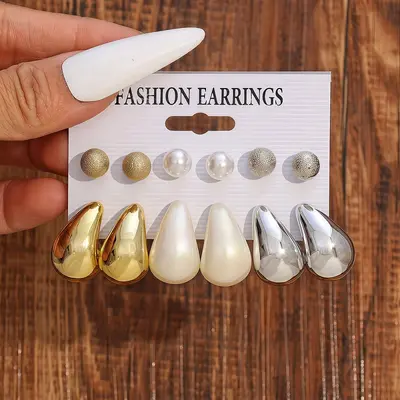6er Set modische europäische und amerikanische Ohrstecker Ohrringe in Gold, Silber und Schwarz mit runden Perlen Harz Wassertropfen schlicht elegant Perlmutt Perlen - 13