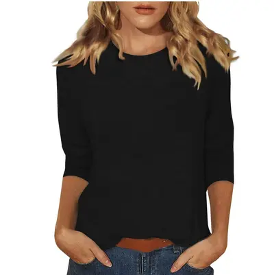 2026 grenzüberschreitend Amazon neue Damen Rundhals T-Shirt, 3/4 Ärmel und einfarbiger Oberteil - 7