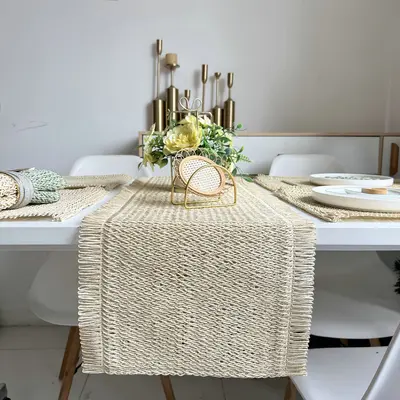 Jute Table Runner, Mixed Colour Woven Retro Table Cover, Decorative Long Towel with Tassel - 8