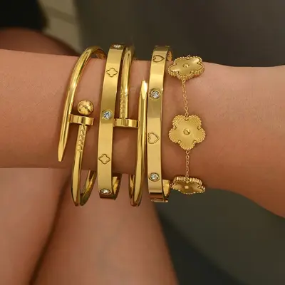 Stainless Steel Gold Bracelet Set Four-Leaf Clover Diamond - 8