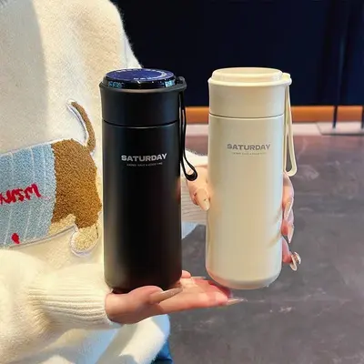 Smart thermal mug with built-in tea strainer, portable
