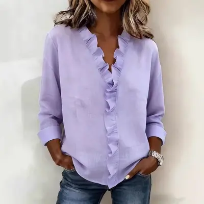 Kadın Fırfırlı Uzun Kollu Pamuklu Gömlek, Bahar Modeli