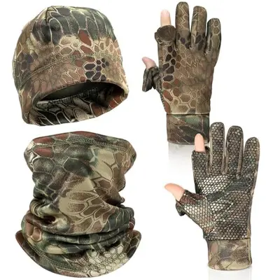 Amazon Cross-Border Fleece-Lined Camouflage Gloves Outdoor Autumn Winter Warm Hat Cold-Proof Neck Gaiter Cycling Gloves Tactical Supplies