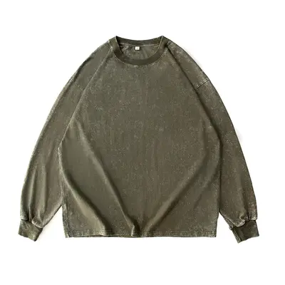 Washed Distressed Long Sleeve T-Shirt Unisex, Plus Size, Drop Shoulder - 8